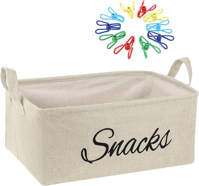 Newtay 17 Pcs Snack Basket Sets, Snack Storage Bin for Pantry Shelves with 16 Pcs 2 Inch Chip Clips, Basket Organizer for Kitchen, Chips, Popcorn, Candy, Pretzels (Cream-colored,Burlap)