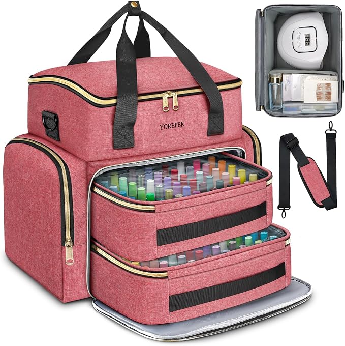 YOREPEK XL Nail Polish Organizer Case for 96 to 100+ Bottles, Pink | Nail Organizer With 96 Slots Foam Inserts, Travel Nail Tech Carrying Case with Adjustable Space for Gel Dip Powder Tips Set