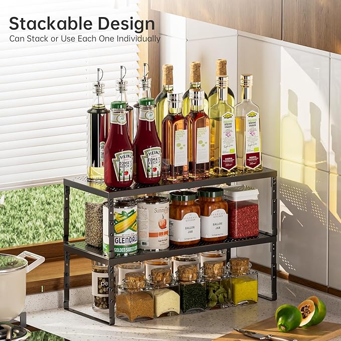 Expandable Adjustable Stackable Kitchen Organizer,Pantry Storage Shelves Racks,for cabinets Shelf, Kitchens, countertops, bathrooms,RV(1Pack/Black,Medium)