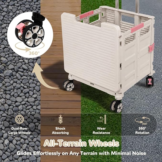 FELICON SELORSS Folding Utility Cart Portable Rolling Crate Handcart-Gray | Magnetic Sliding Lid+Lockable Transparent Front Panel,Telescoping Handle,4 Swivel Wheels Tote for Travel Shop Office Teacher