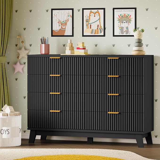 BORNOON Fluted 8 Drawer Tall Dresser, 47.2" Wide Modern Boho Chest of Drawers, Wooden Storage Dresser TV Stand for Bedroom, Living Room, Closet, Hallway, Curved Profile Design