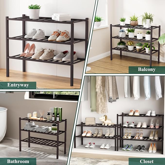 Smiry Long Bamboo Shoe Rack, 4 Tier Free Standing Wooden Shoe Organizer, Stackable Wood Shoe Storage Shelf for Closet, Entryway, 12 Vertical Slats, 2+2 Stack Standard Legs, 33.7"x11"x26", Brown
