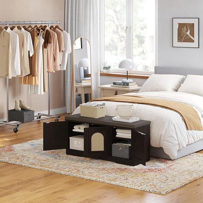 DINZI LVJ Shoe Storage Bench with Cushion, Entryway Bench with Seat & Doors | 2-Tier Cabinet Bench Fits 6 Shoes, Adjustable Shelves for Boots, Easy Assembly, Farmhouse, Bedroom, 39.4"W, Rattan, Espresso