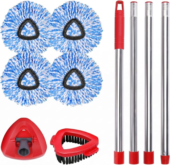4 Packs Spin Mop Replacement Heads Compatible with Ocedar RinseClean 2-Tank System, 30-58" Mop Handle,Mop Scrub Brush and Base Combo Set,Mopping Refills Easy to Replace and Cleaning