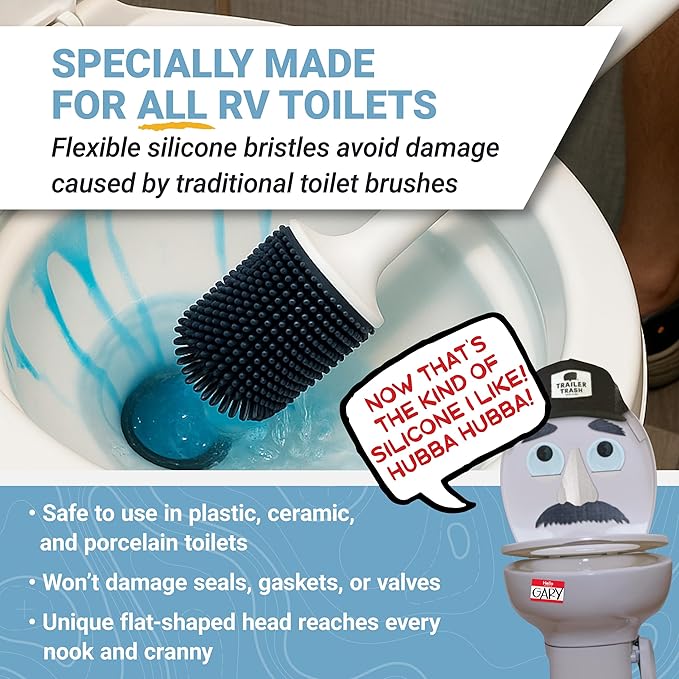 Unique RV Silicone Toilet Bowl Brush with Holder, 2-Pack | Wall-mount no-drip holder; non-scratch bristles help clean RV & camper toilet bowls & conserve bathroom space