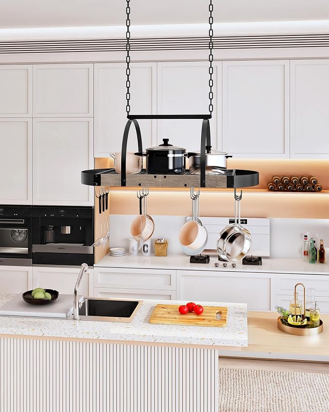 CHOEZON Hanging Pot Rack, Pot Hanger for Kitchen, Ceiling Mounted Pot Holder, Cookware Organizer with 12 S-Shaped Hooks, for Pot, Pan Storage, Space-Saving, Greige and Black TPR08BGC1