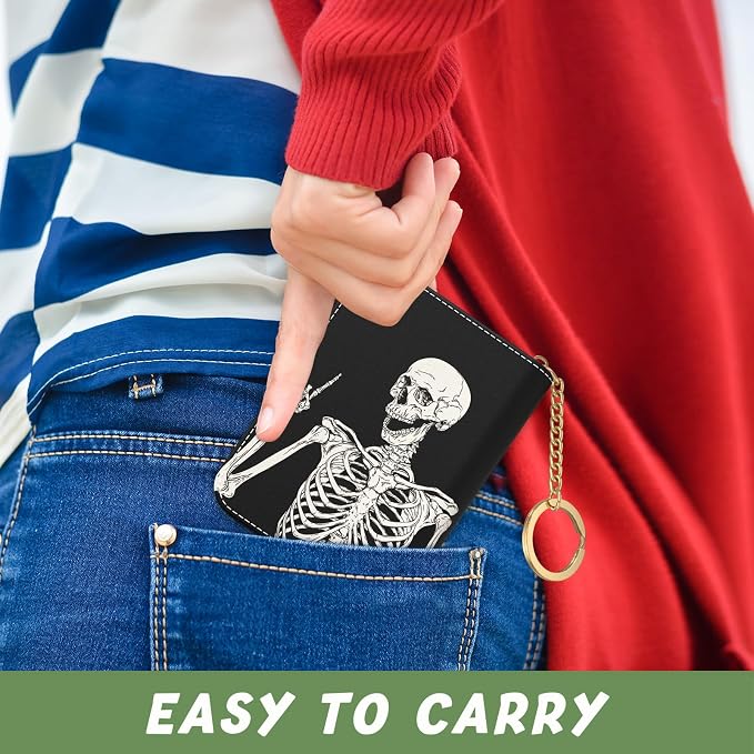 Aiawoxc Credit Card Holder, Small RFID Wallet Slim Leather Card Organizer Case with Zipper and Keychain, Skeleton