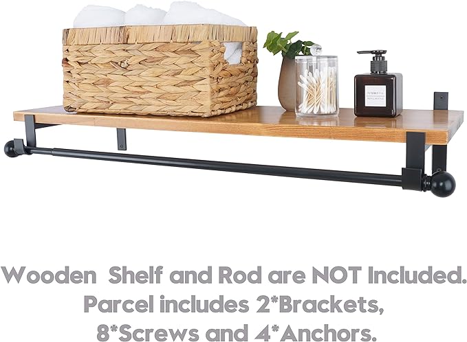 AddGrace Closet Rod Bracket Heavy Duty Shelf Brackets Black 10 Inch 2 Pack | Fit for Closet Wardrobe Laundry Room and Kitchen, with Hook, Store Above and Hang Below, Supports 66 lbs, Easy to Install