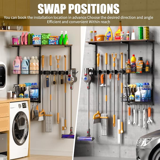 Broom Holder Wall Mount，Mop Rack With Storage Basket,Diversity Laundry Room Cleaning Tool Storage container，Suitable Family Garage Kitchen Organization Wall-Mounted Rack (Black, Medium)