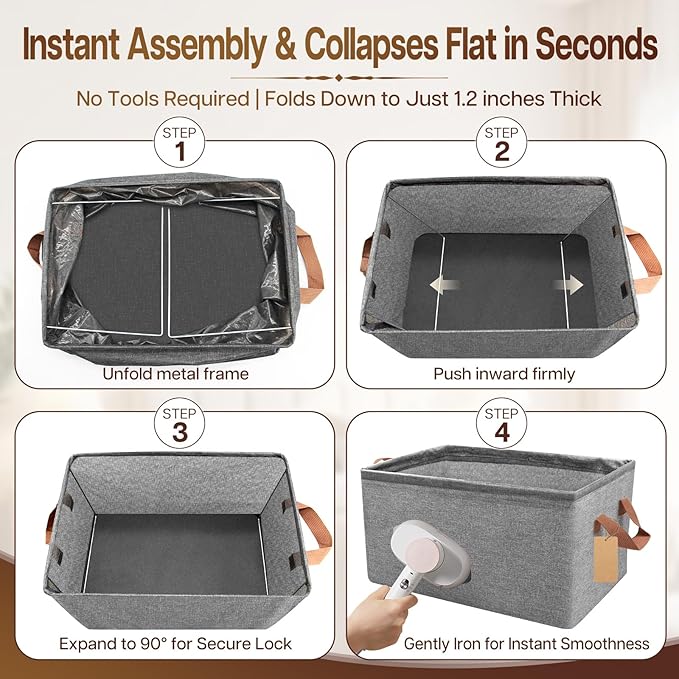 15" Long Fabric Storage Bins 6 Pack, with Handles for Shelves | Collapsible closet organizer bins, sturdy metal frame, 12 labels + twine, for clothes, toys, shelves.