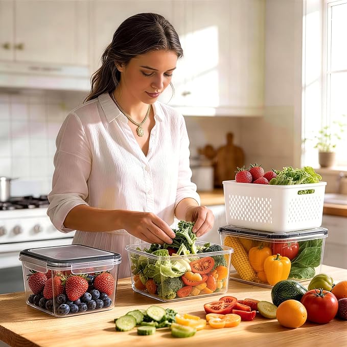 HOMETALL 6 PCS Fruit Storage Containers for Fridge with 6 Removable Colanders, BPA Free Produce Containers for refrigerator, Dishwasher & Microwave Safe Food Containers Keep Fruit, Salad, Berry, Fresh