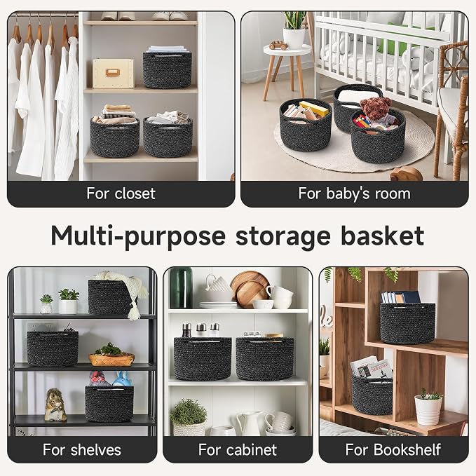 Small Rope Baskets for Storage, Baskets for Gifts Empty, Cute Round Woven Basket, Decorative Shelf Baskets 9.82×9.82×7.1", Cotton Toy Basket Storage Bins for Organizer 3 Packs Black