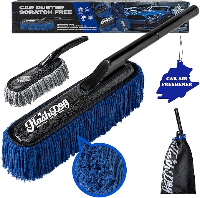 Flash Dog Wood Car Duster & Interior Brush Kit | Scratch-Free Waterless Exterior/Interior Cleaning for Car, SUV, Truck, RV | Waxed Cotton & Microfiber