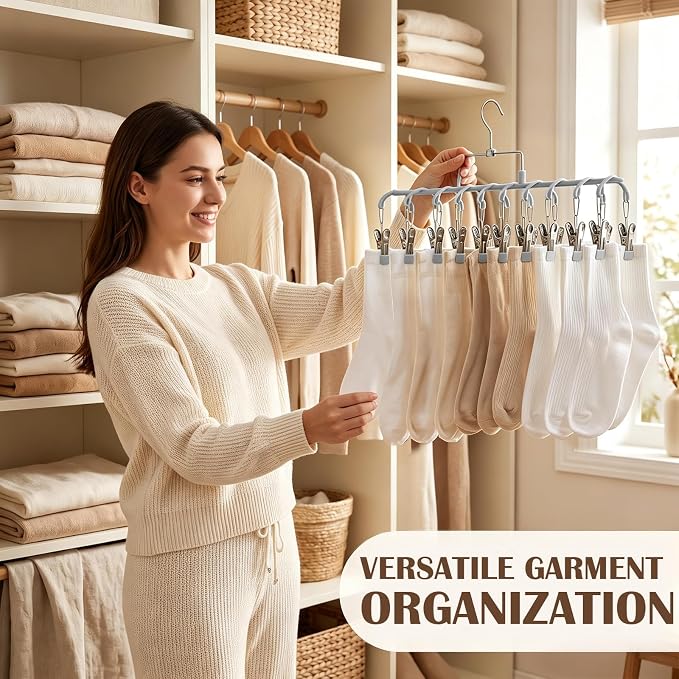 Pants Hangers with 20 Clips, Space Saving Hanging Closet Organizer (Grey) | 360°swivel & non-slip rustproof clips, multi-functional organizer holds leggings, skirts, hats, socks, scarves and lingerie