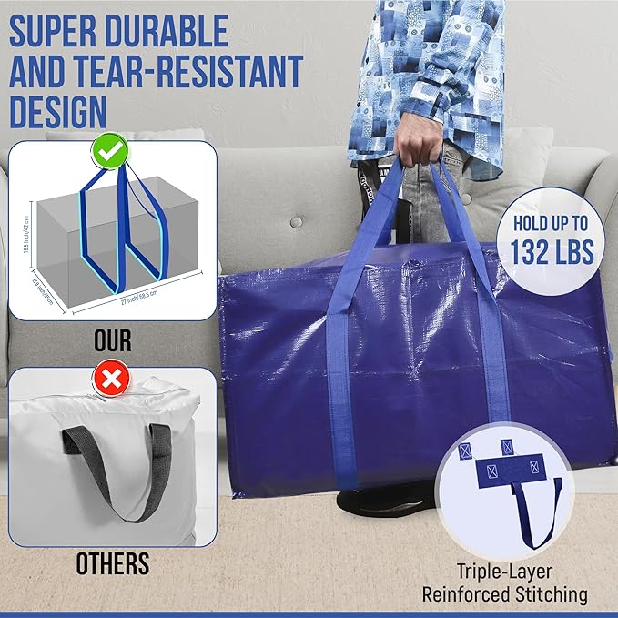 Yan & Hin Extra Large Moving Bags Heavy Duty 2 Pack, 90L Storage Bags for Moving with Zipper & Reinforced Handles, College Dorm Moving Bags, Reusable Packing Bags for Clothes, Blankets, Organization