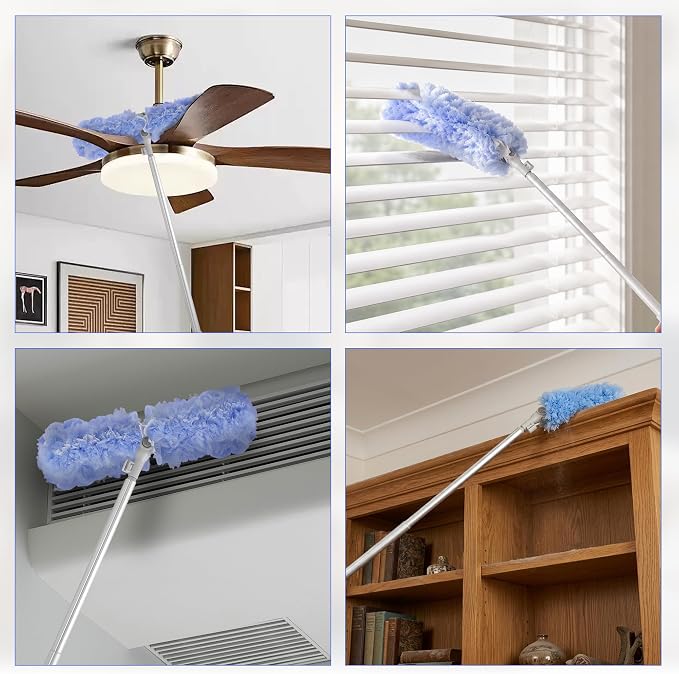 Duster Extended Handle & Long Duster, Compatible with Swiffer, 65.7" Stainless Steel Extension Pole, Locking Angle Fan Duster for Ceiling Fans, Blinds, Tall Cabinets & Home Cleaning Supplies (2 Pack)