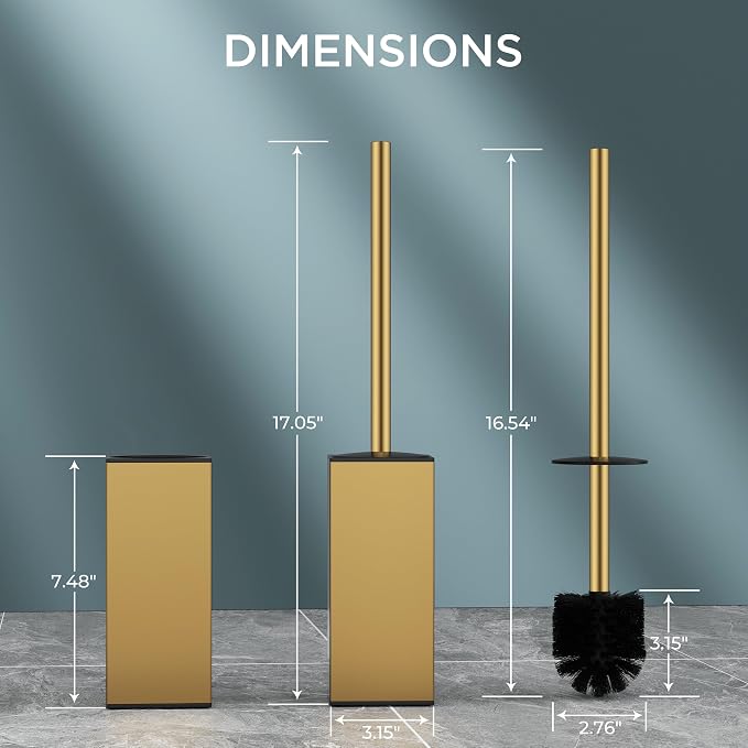 FORIOUS Toilet Brush and Holder,2 Toilet Bowl Brush Head Square Medium Gold | Heavy Duty 304 Stainless Steel Base, Silicone and Plastic Brush Heads, Long Handle for Deep Cleaning, Drip-Proof