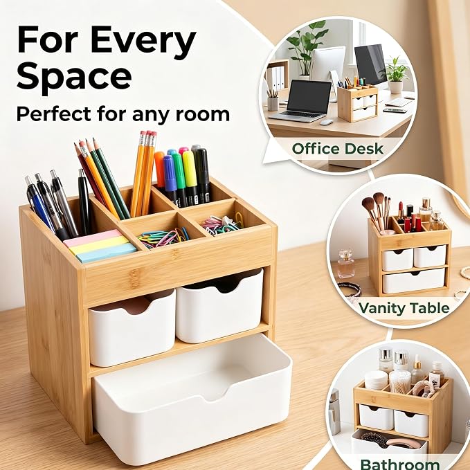 Bamboo Makeup Organizer with 3 Drawers | Wood Makeup Organizer, Dresser Cosmetic Box Organizer, For Home, Adjustable Dividers