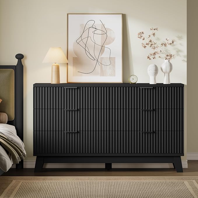 BORNOON 53" Long Dresser for Bedroom, 6-Drawer Dresser with Fluted Fronts, Wide Wood Chest of Drawers, Smooth Metal Slides, Stable Base, Modern Clothes Storage Cabinet for Living Room, Hallway