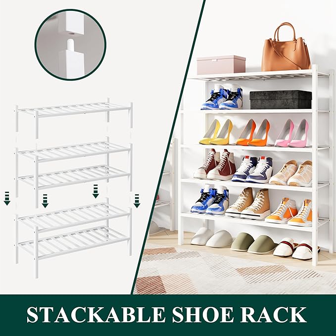 Smiry Long Bamboo Shoe Rack, 6 Tier Free Standing Wooden Shoe Organizer, Stackable Wood Shoe Storage Shelf for Closet, Entryway, 12 Vertical Slats, 2+2+2 Stack Standard Legs, 33.7"x11"x39", White