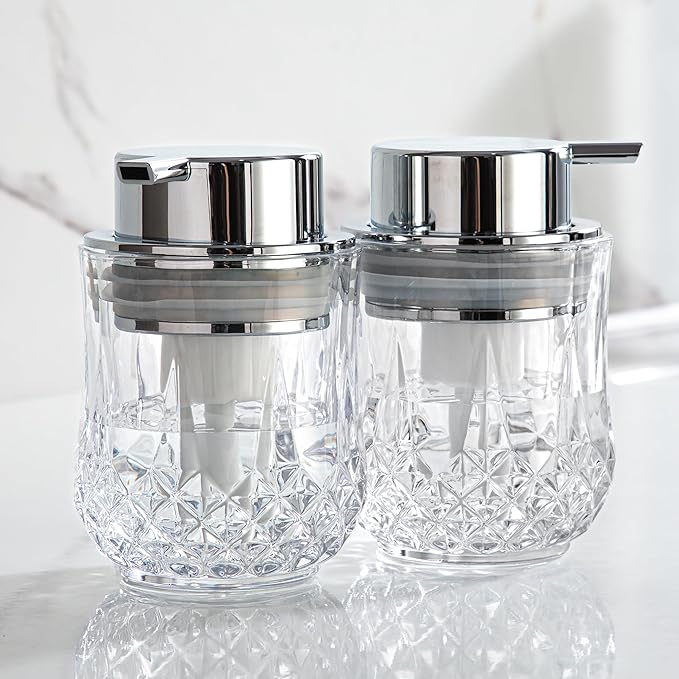 Enra Foaming Soap Dispenser Set- 2 Pack Bathroom Hand Foam Soap Dispensers,Glass Refillable Dish Soap Dispenser,Modern Home Soap Dispenser for Bathroom,Kitchen(Clear/Silver Poam Pump/2Pack)
