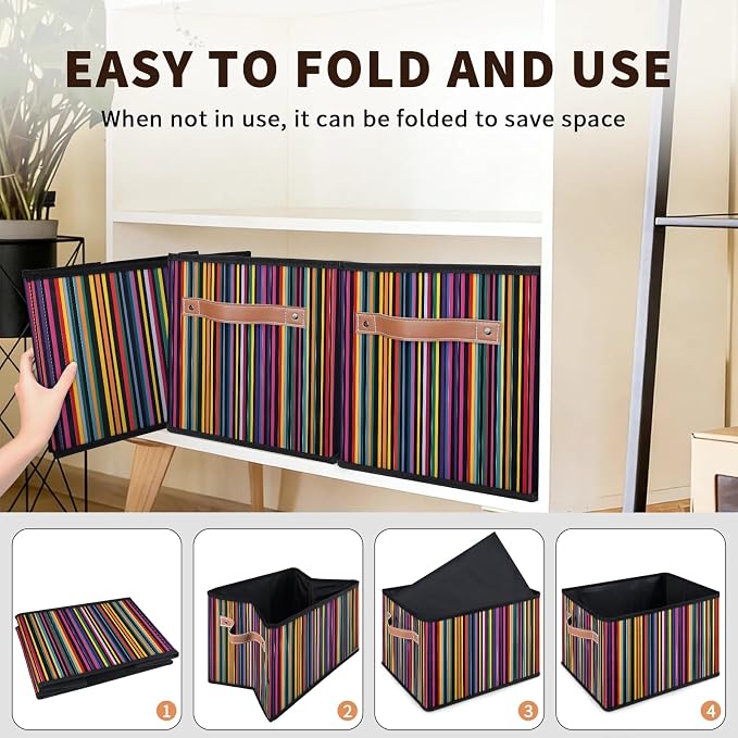 Mexican Stripes Closet Storage Bin, Foldable Storage Baskets for Shelves, Decorative Shelf Organizer Colorful Fabric Cube Bin for Living Room Bedroom Home Dorm
