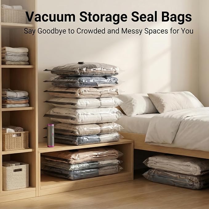 Vacuum Storage Bags with Rechargeable Electric Pump, 16 Pack Vacuum Seal Bags for Clothing Travel, 3 Sizes Compression Packing Bags 80% Space Saver for Clothes, Bedding & Seasonal Storage