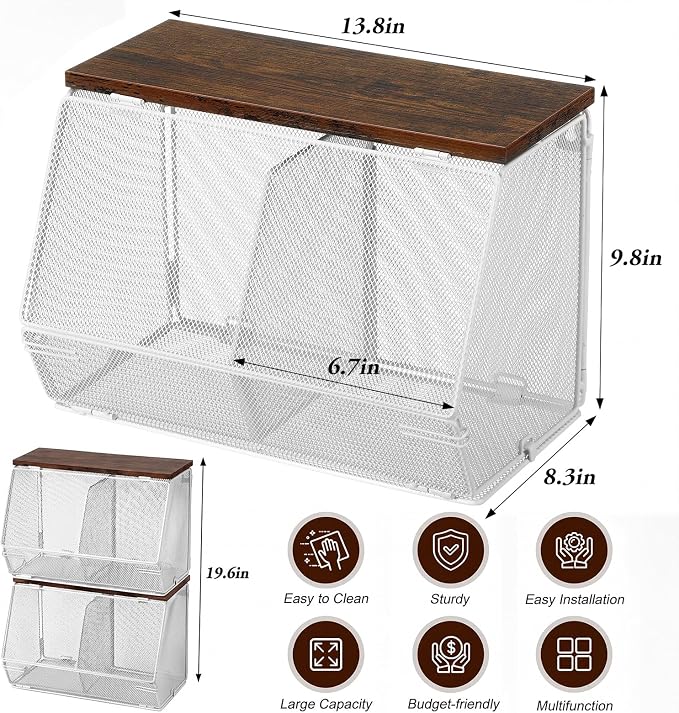 Teenyyou 2 Pcs Stackable Mesh Fruit Basket with Lid Wall Produce Vegetable Storage Basket Onion Potato Hanging Metal Wire Container for Kitchen Counter Pantry (Divided,White,8.3"w & 13.8"L)