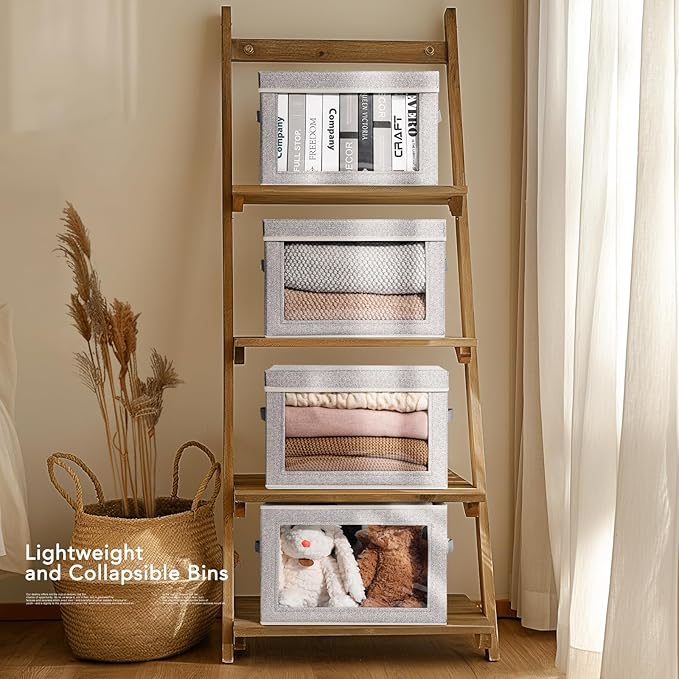 Homsorout Storage Boxes with Lids - 3 Pack Fabric Clear Window Storage Bins, Collapsible Storage Bins with Lids, Linen Closet Organizer for Clothes, Towel, Blanket, Light Grey