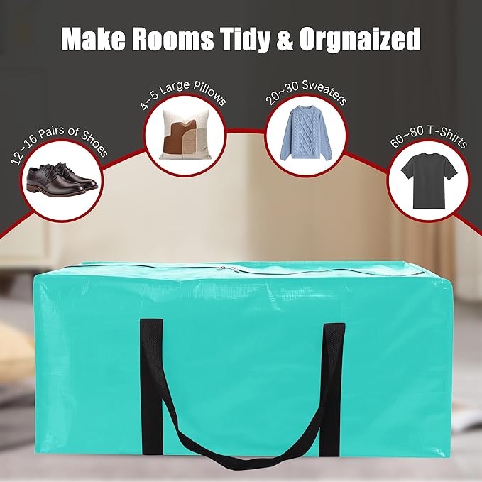 PANDA JOYS 12 Pack Extra Large Moving Bags with Zippers & Carrying Handles, Heavy-Duty Storage Tote for Space Saving Moving Storage, Fold Flat, Alternative to Box and Bin,Aquamarine