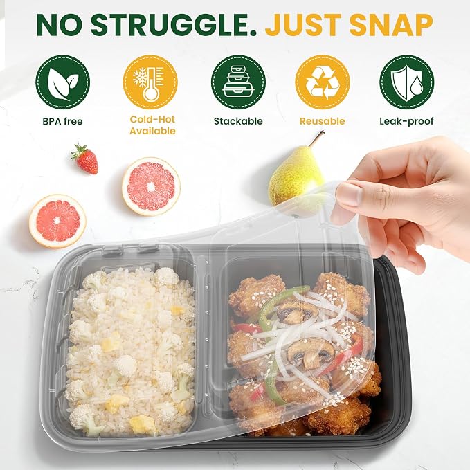 50 Pack 28oz Meal Prep Containers with Lids 2-Compartment, To Go Take Out Plastic Food Storage Containers with Lids Reusable, Leakproof Food Safe, Microwave Freezer Dishwasher Safe, Black