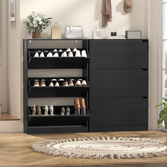 Wodeer Narrow Shoe Cabinet for Entryway, Slim Shoe Storage Cabinet with 3 Flip Drawers, Hidden Wood Shoe Cabinet Storage, Freestanding Shoe Rack Organizer Foyer, Hallway, Black