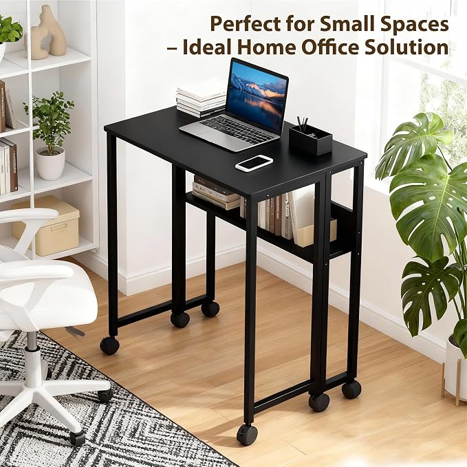 Folding Desk Small Rolling Desk with Storage Shelf,31.5 Inch Foldable Computer Table with Wheels,Portable Office Desk for Small Space Sofa Table,Easy to Fold,Writing Work Office Computer Desk,Black
