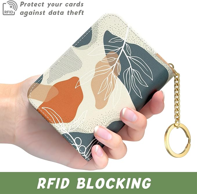 Aiawoxc Credit Card Holder, Small RFID Wallet Slim Leather Card Organizer Case with Zipper and Keychain, Abstract Boho Leaves