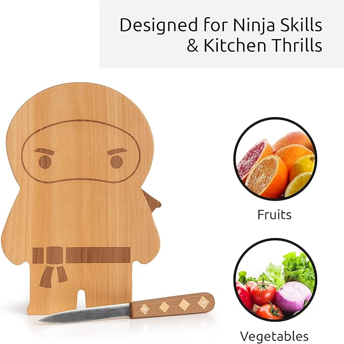 OTOTO Cutting Board Wooden & Plastic Cutting Boards for Kitchen, Fun & Spooky Kitchen Gadgets, Housewarming & Goth Gifts, Dishwasher Safe (Ninja, Wood)