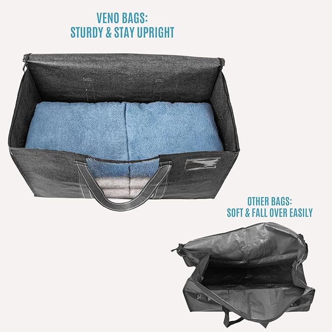 VENO 2 Pack Moving Bags with Clear Window, Heavy Duty Storage Bins with Lid, Around Handles, Tag, Zippers, Extra Large Totes Packing Moving Boxes Supplies for College Dorm Clothes (Dark Gray)