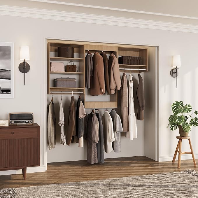 ROOMTEC Modular Closet System, 72" Closet Organizer with Hanging Rods, Wall-Mounted Wooden Tower for Walk-In Closets, Wardrobe Storage Kit, Wood