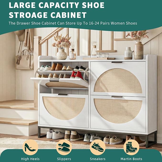 Flip Drawer Shoe Cabinet, Slim Narrow Entryway Storage Furniture with Hidden Flip-Open Organizer, Engineered Wood & Veneer Construction, 4 Drawer, White
