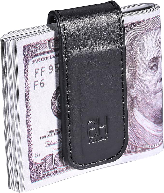 GH GOLD HORSE Slim Magnetic Money Clip Genuine Leather Business Card Holder for Men (Black)