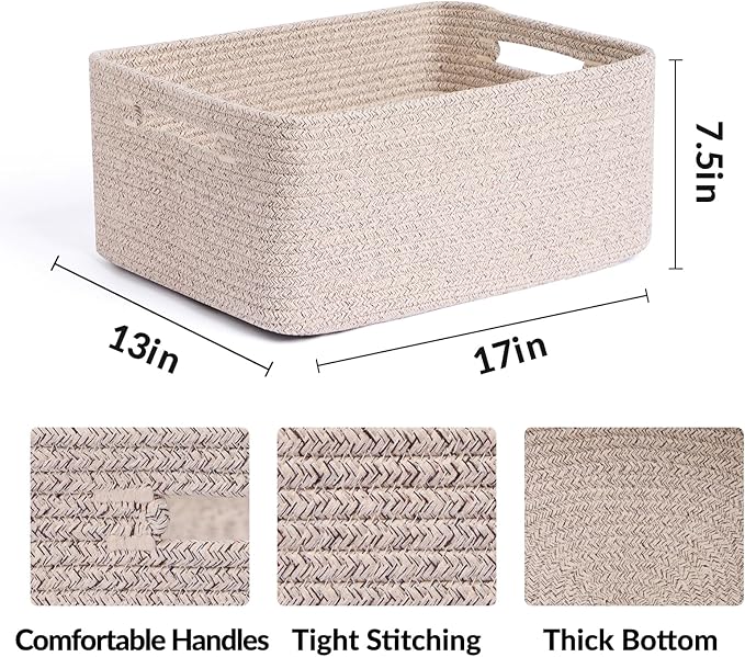 MiniArk Large Storage Baskets for Shelves, 17 x 13 x 7.5” Closet Organizers Bins for Clothes Blanket Towels, Baby Nursery, Toy Baskets Box, Woven Rope Baskets, 2 Packs Mixed Brown