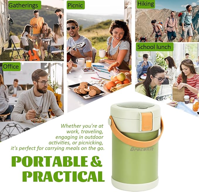 67oz/2L Thermo for Hot Food, 304 Stainless Steel Vacuum Insulated Soup Thermo, Leak-Proof Thermal Lunch Box with 3 Stackable Bento Boxes for Adults Office Travel Camping, Large thermo for hot food