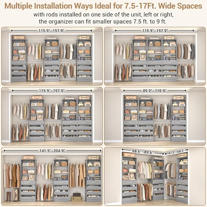 Aheaplus Closet System with 12 Drawers, 8.5-11.5Ft Wood Closet Organizer System with 4 Hanging Rods & 3 Towers, 4Ft & 6Ft L-Shaped Walk-in Closets Wardrobe Organizer Clothes Rack, Set of 3, Grey