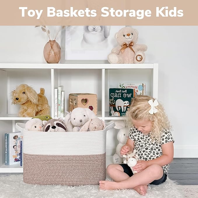 Goodpick Woven Baskets for Organizing, Rectangle Toy Baskets Storage Kids, Rope Storage Basket with Handles, Large Blanket Basket for Living Room, 18 x 14 x 12 Inches