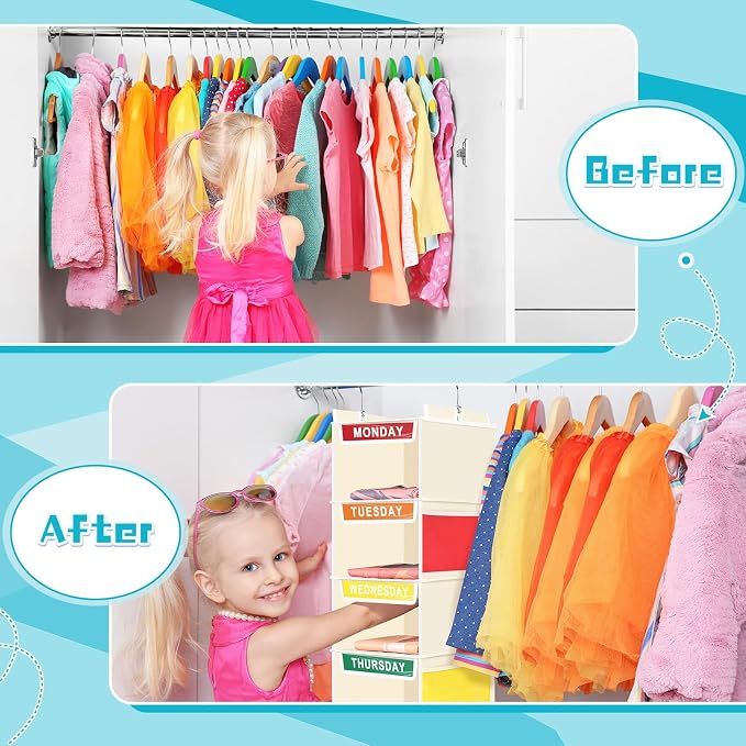 Amylove 2 Pcs 7 Shelf Weekly Clothes Organizer for Kids Hanging Closet Organizer 11. 8 x 11. 8 x 50 Inches Daily Activity Kids Clothes Storage Drawers Cube Drawers Closet Hanging Shelves(Beige)