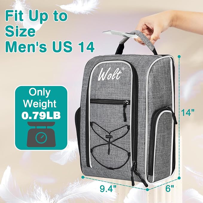 Wolt 2 Pcs Golf Shoe Bag for Travel- Zippered Shoes Carrier Bags with Ventilation & Double Outside Accessory Pocket for Socks, Tees, Golf Balls, Etc. for Women and Men (Black+Grey)