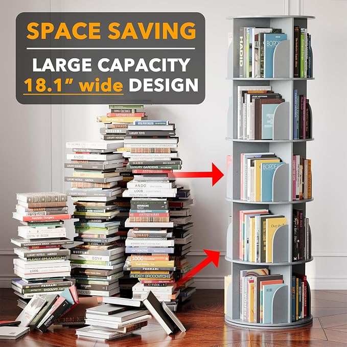 SpaceAid 5 Tier Rotating Bookshelf Tower, Spinning Bookcase Lazy Susan, Revolving 360 Book Shelf Storage Round Carousel, Vertical Rotate Turning Spiral Corner Organizer, Gray