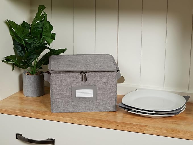Covermates Dish Storage Box – China & Dinner Plate Storage Container with Dual Zippers, Reinforced Handles, ID Window & Stackable Structured Walls for Dishware Organization, Grey Heather