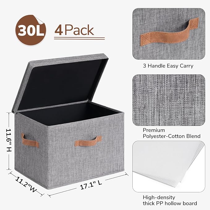 CHICVITA 4-Pack Large Storage Bins with Lids, Fabric Storage Boxes for Organizing, Decorative Storage Boxes with Handles for Clothes Toy, Grey