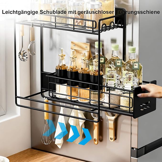 Magnetic Shelves for Washing Machine with Pull Out Shelf, Black Magnetic Sliding Racks for Side of Fridge, Magnetic Laundry Shelf with 5 Hooks, Magnet Laundry Room Organizer