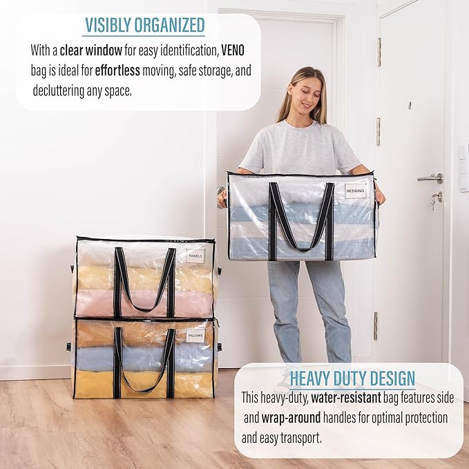 VENO 10 Pack Clear Moving Bags, 90L Extra Large Transparent Storage Totes, Heavy Duty 50lbs Load, Reinforced Handles, Zippers & Tag, See-Through Packing Boxes for Organizing Closet, Bedding, Clothes
